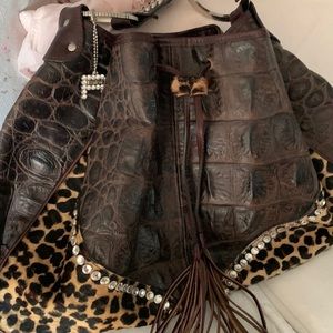 Raviana Leather Croc And Leopard Handbag Large